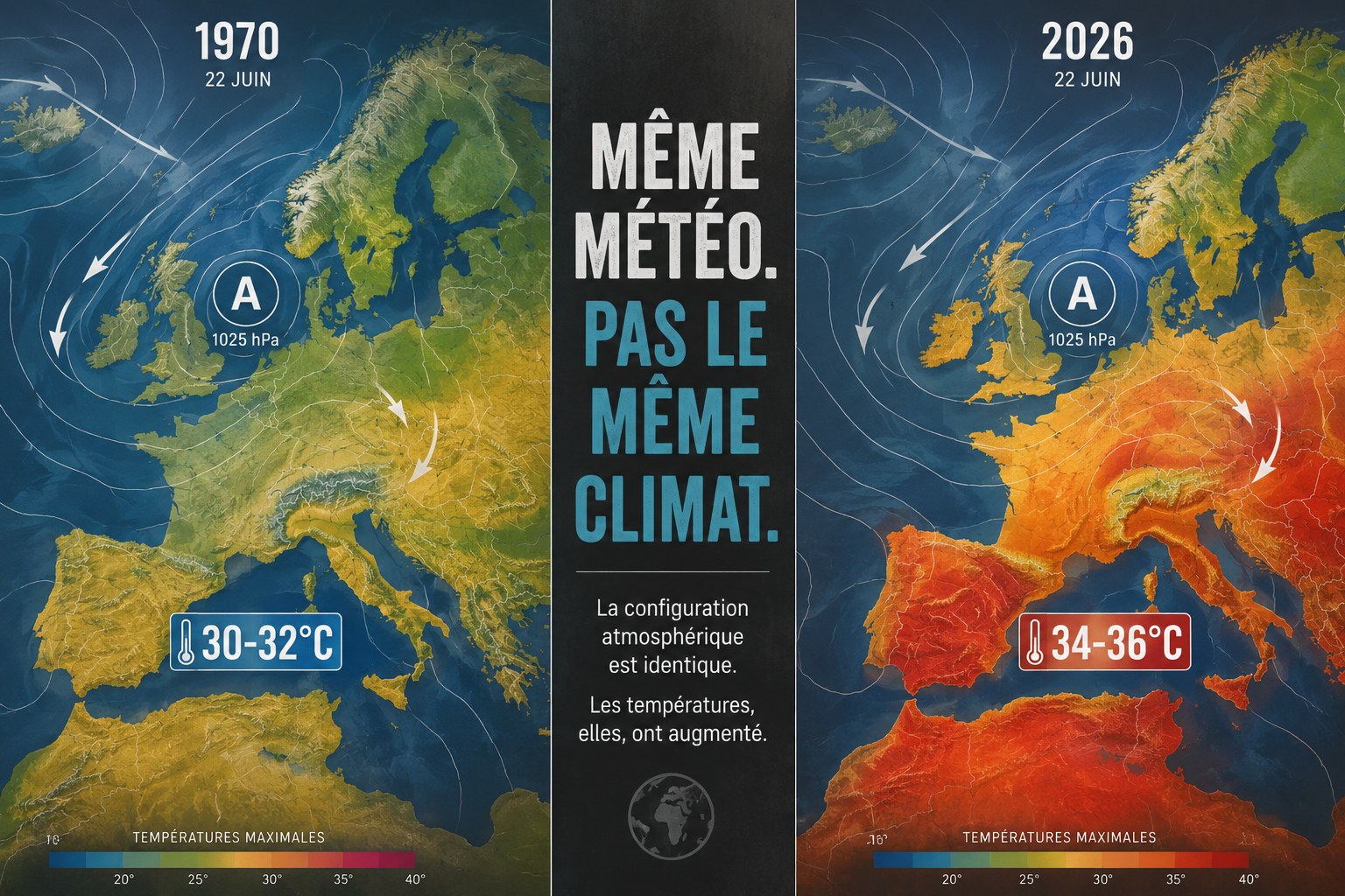 Carte d’Europe comparant 1970 et 2026 : même météo, températures plus élevées