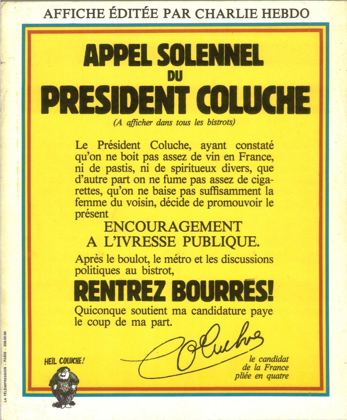 Affiche « Appel solennel du Président Coluche » éditée par Charlie Hebdo