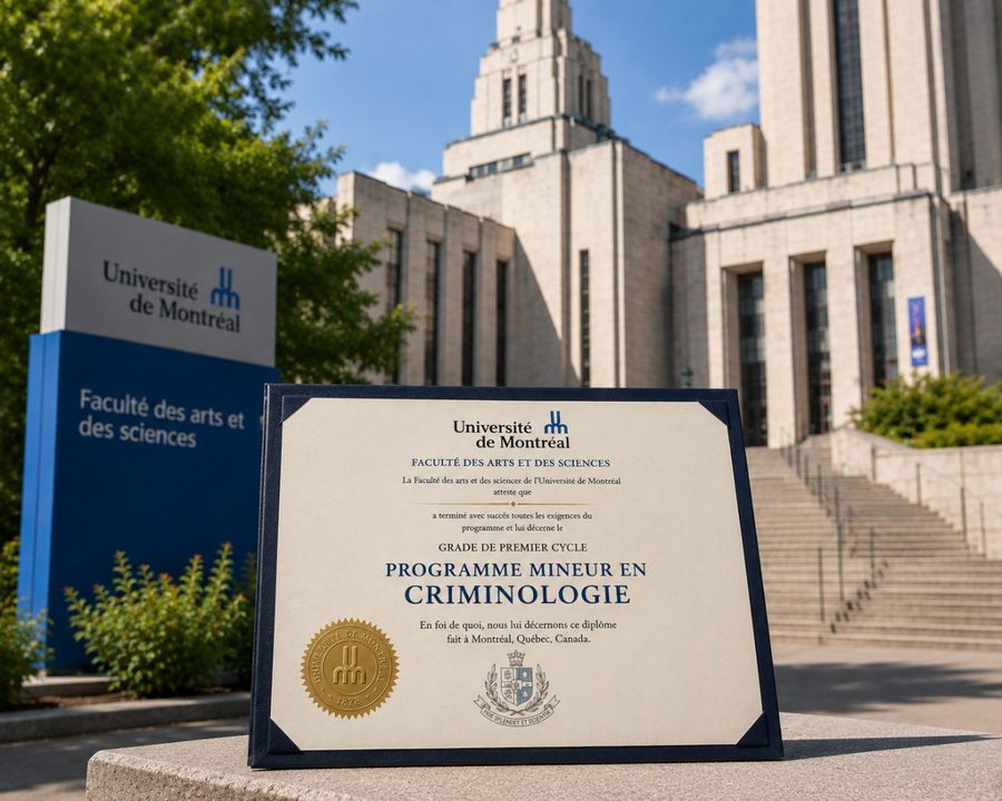 Diplôme du programme mineur en criminologie de l’Université de Montréal, devant le pavillon de la Faculté des arts et des sciences