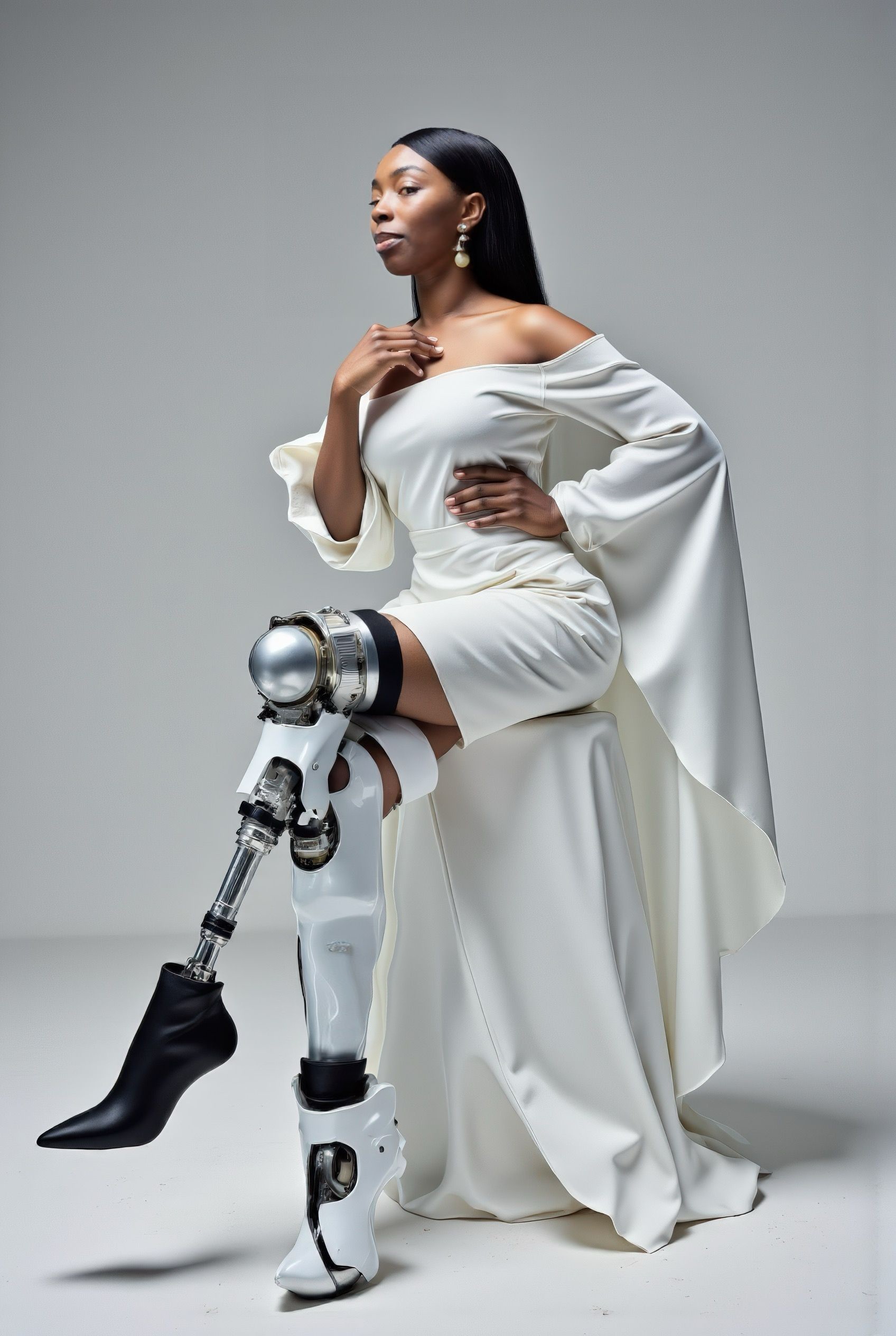 Eva Chisom Chukwunelo en robe blanche, sa prothèse de jambe visible