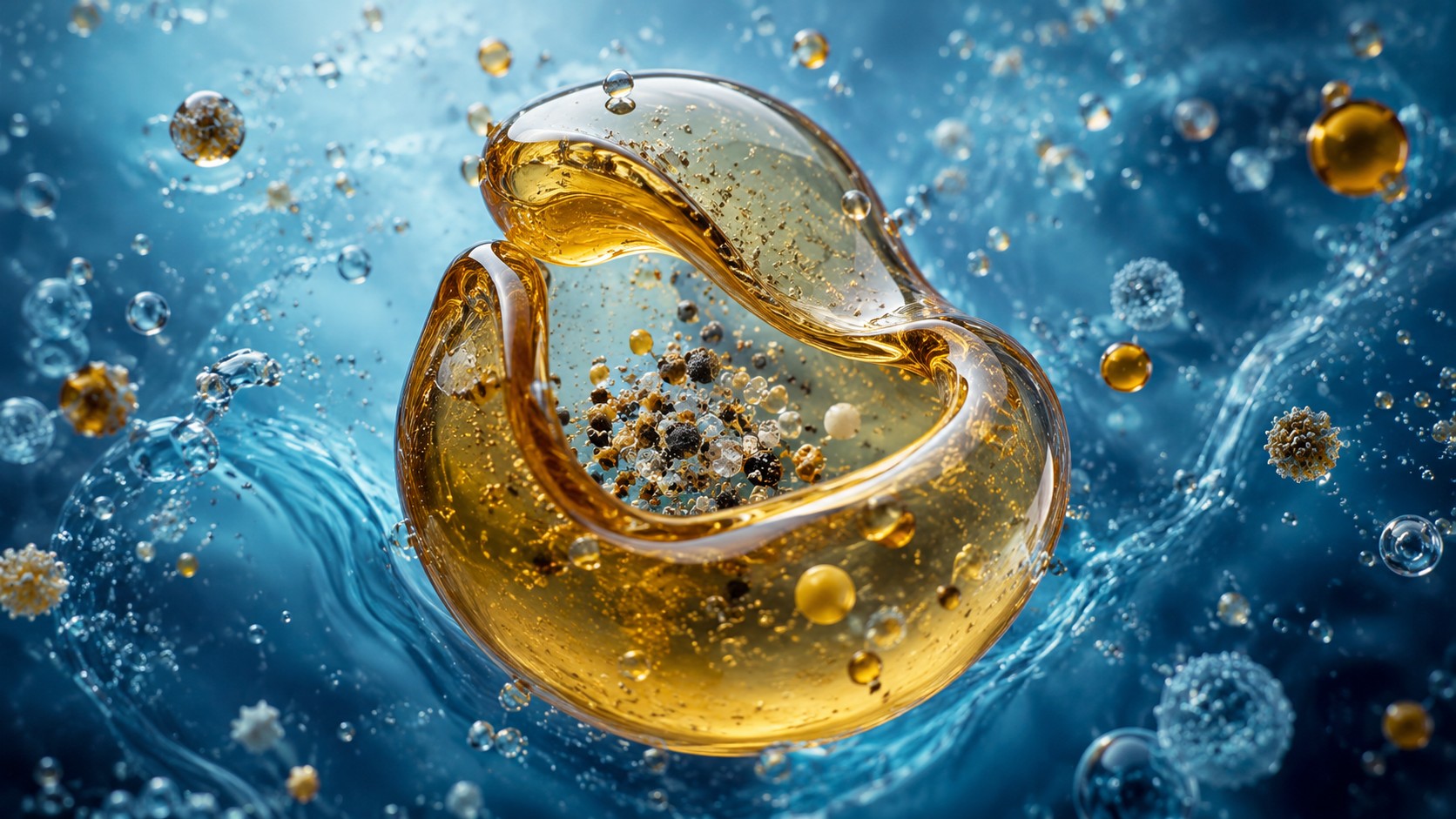 Goutte d’huile ambrée se repliant autour de particules dans un environnement aqueux.