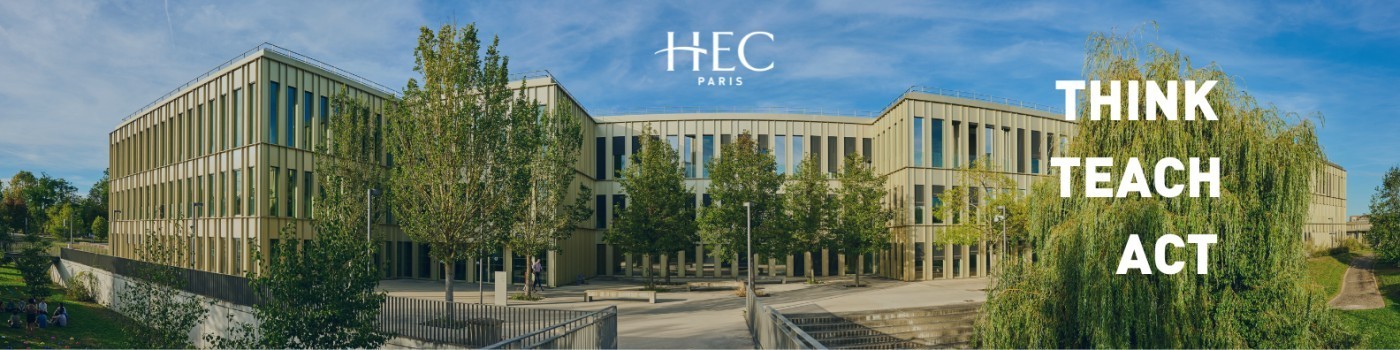 Panorama du campus de HEC Paris, avec le logo HEC Paris et la devise « Think, Teach, Act »