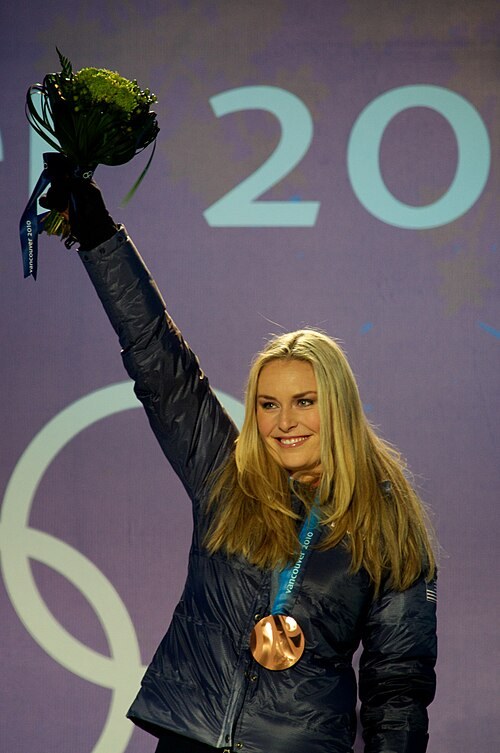 Lindsey Vonn lors de la cérémonie des médailles à Whistler, Jeux olympiques de Vancouver, 20 février 2010.