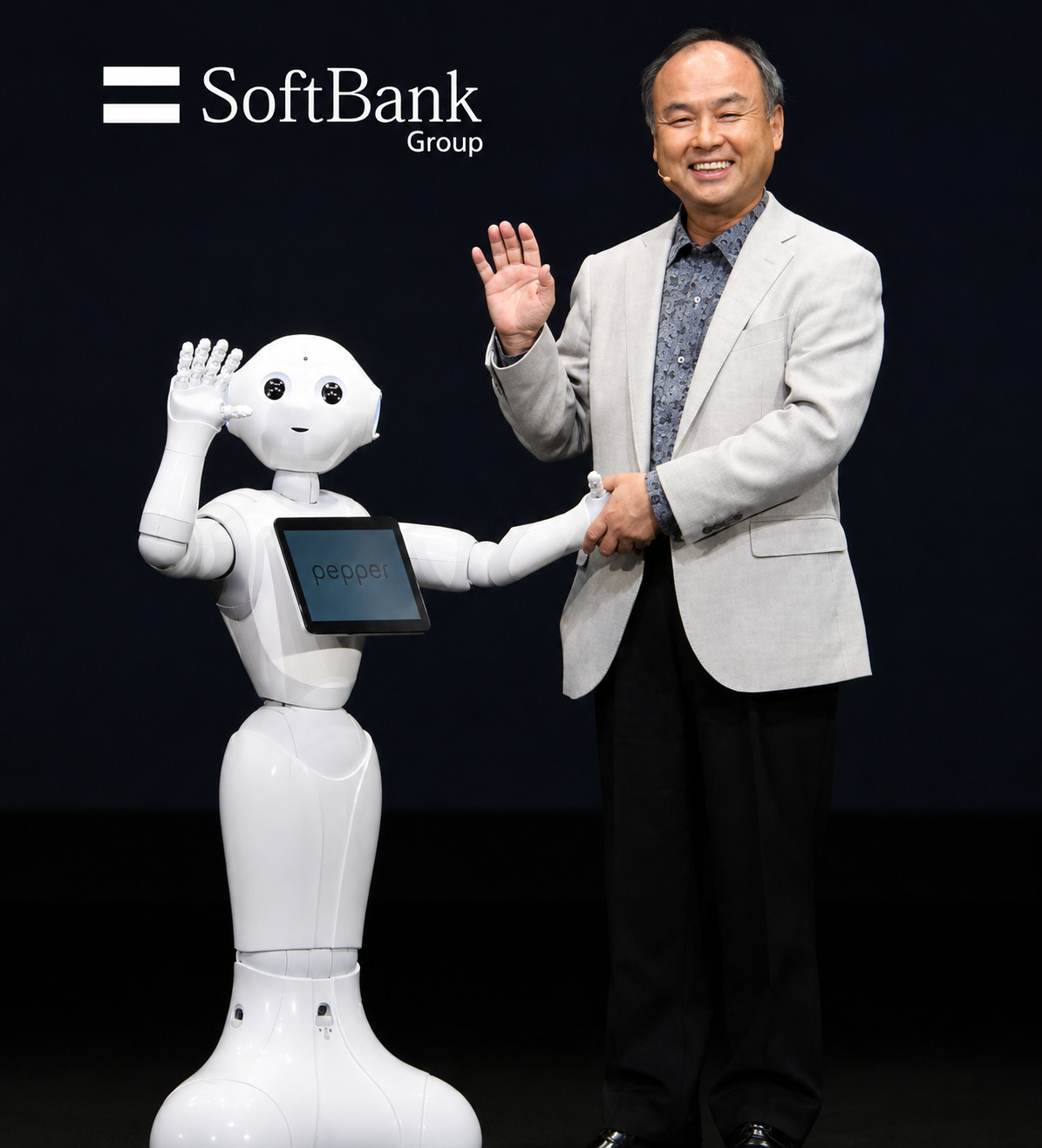 Masayoshi Son, fondateur de SoftBank, avec le robot Pepper