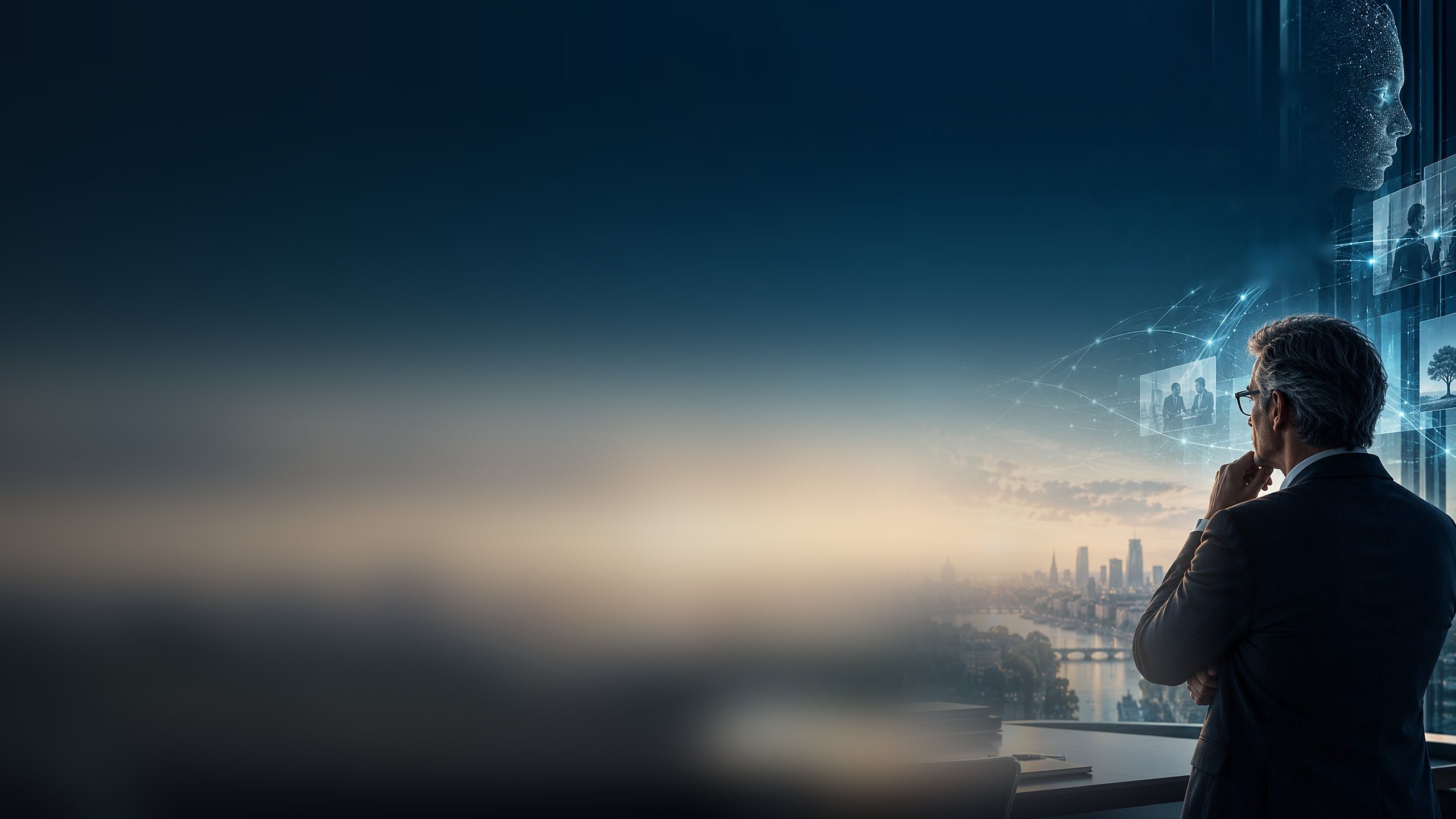 An experienced executive, seen from behind, looks out over a city at dawn; screens and a digital face float in front of the window