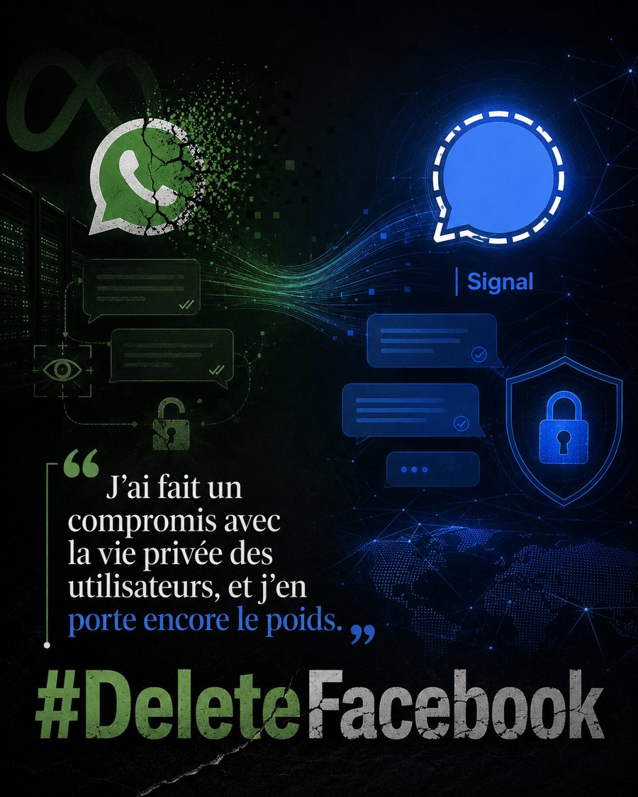 Illustration éditoriale opposant WhatsApp et Signal autour de la confidentialité et du mot-dièse DeleteFacebook.